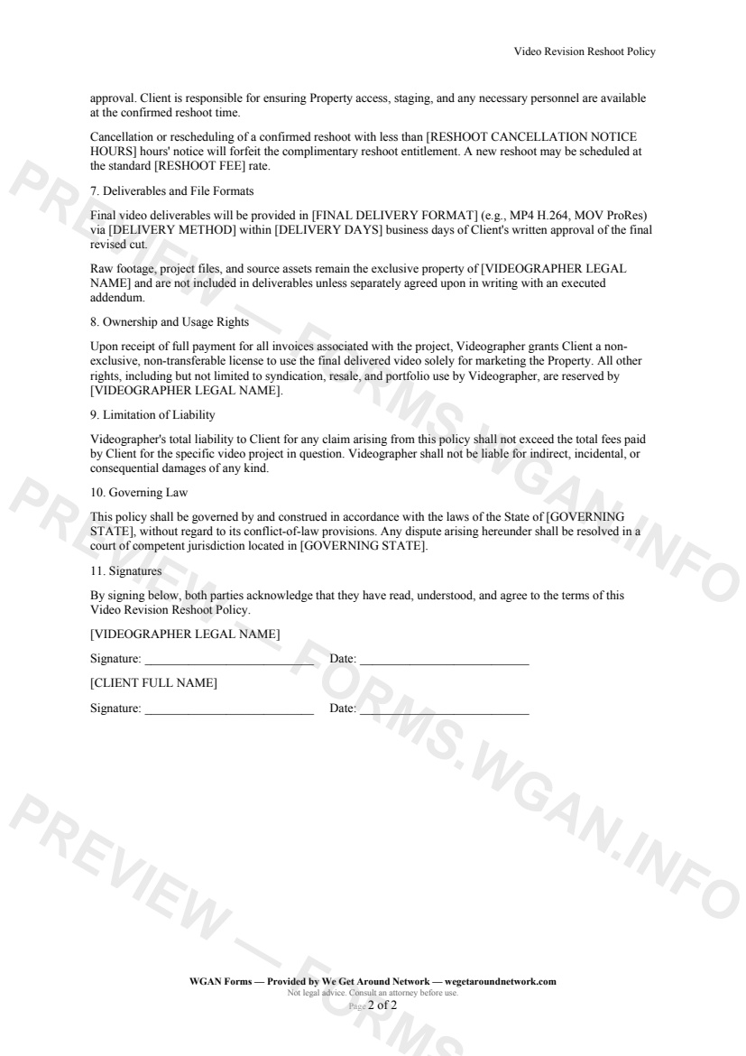 Video Revision Reshoot Policy — page 2 preview covering Deliverables and File Formats, Ownership and Usage Rights, Limitation of Liability
