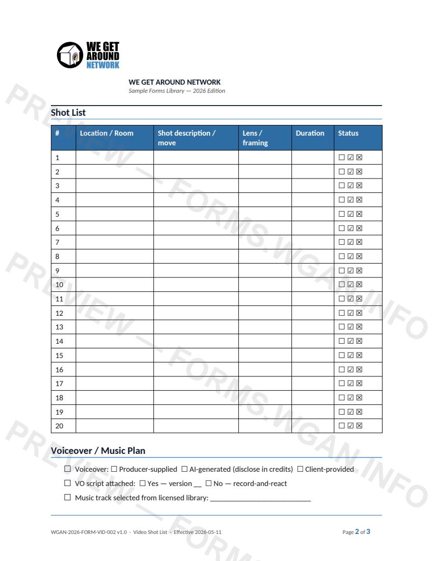 Video Shot List — page 2 preview covering Logistics, Post-Production, Producer Notes