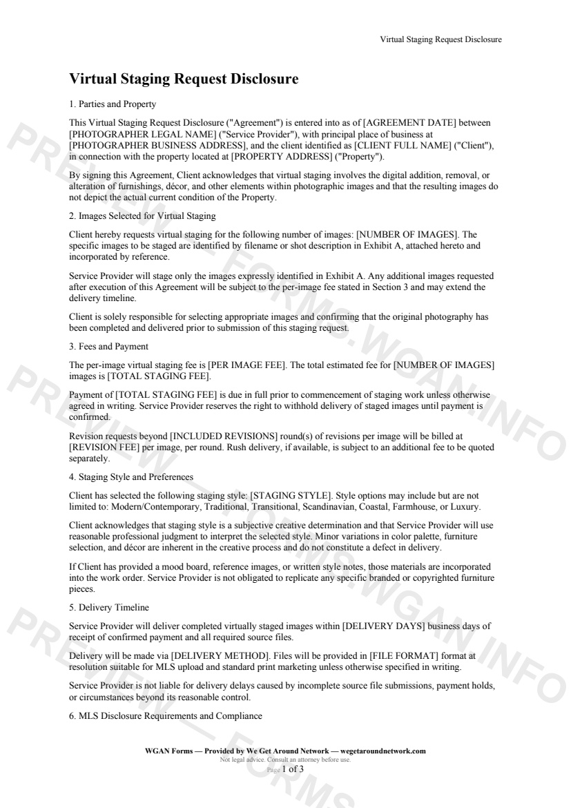 Virtual Staging Request Disclosure — page 1 preview covering Parties and Property, Images Selected for Virtual Staging, Fees and Payment