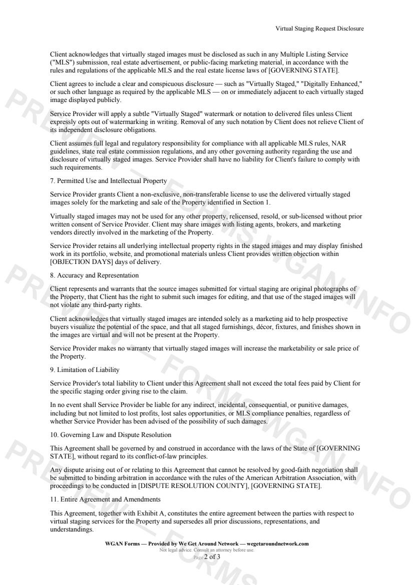 Virtual Staging Request Disclosure — page 2 preview covering Permitted Use and Intellectual Property, Accuracy and Representation, Limitation of Liability