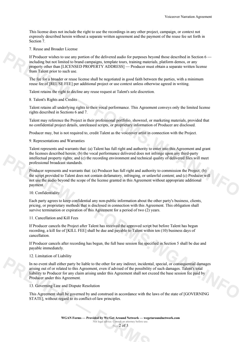 Voiceover Narration Agreement — page 2 preview covering Talent's Rights and Credits, Representations and Warranties, Confidentiality