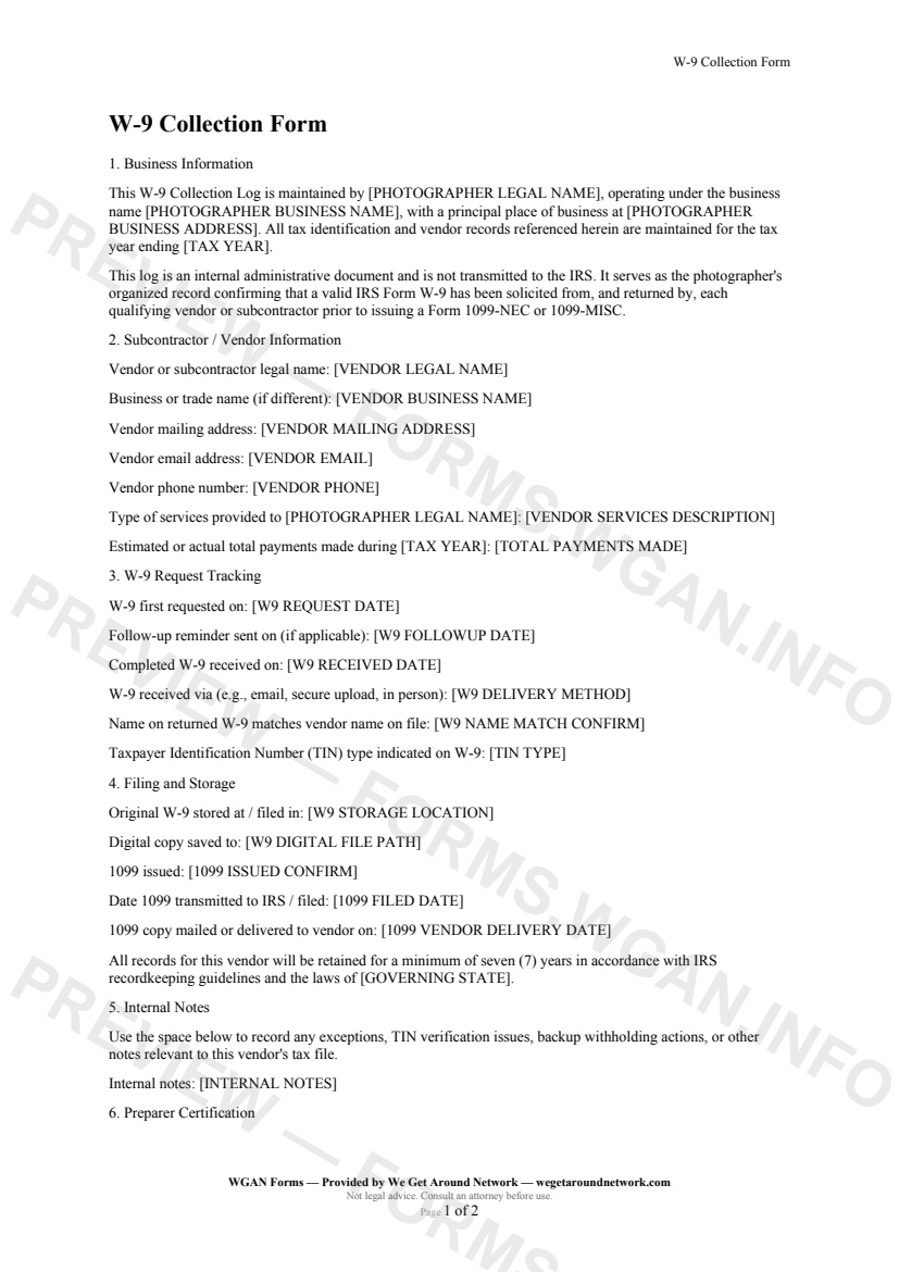 W-9 Collection Form — page 1 preview covering 1. Business Information, 2. Subcontractor / Vendor Information, 3. W-9 Request Tracking
