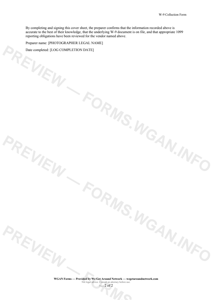W-9 Collection Form — page 2 preview covering 4. Filing and Storage, 5. Internal Notes, 6. Preparer Certification