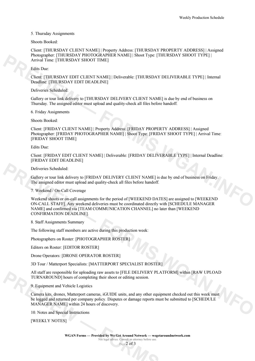Weekly Production Schedule — page 2 preview covering Friday Assignments, Weekend / On-Call Coverage, Staff Assignments Summary