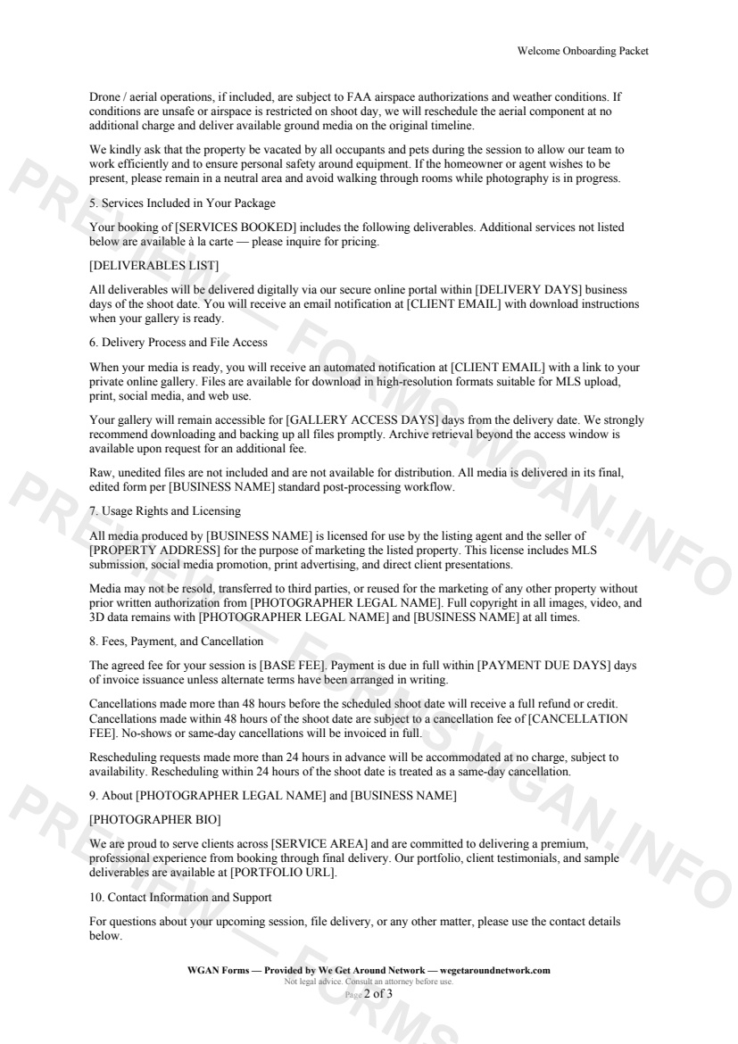 Welcome Onboarding Packet — page 2 preview covering Delivery Process and File Access, Usage Rights and Licensing, Fees, Payment, and Cancellation