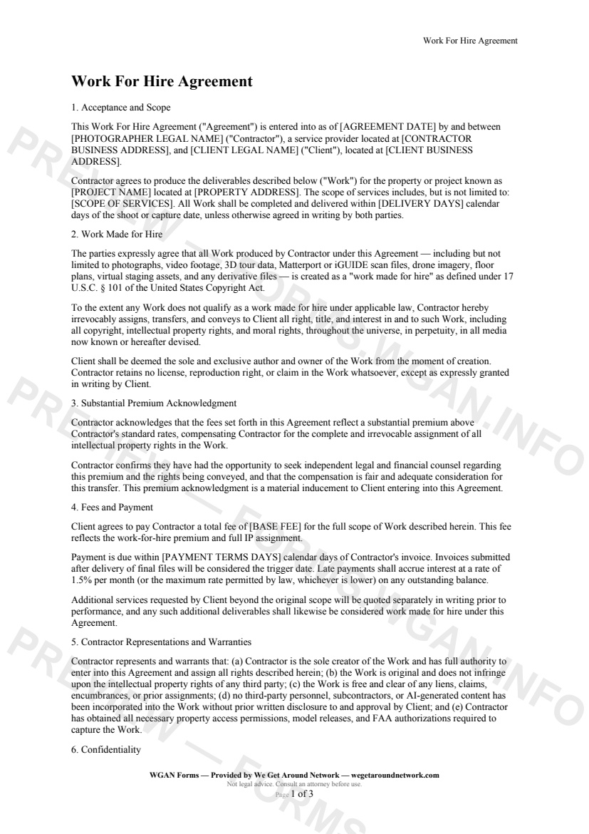 Work For Hire Agreement — page 1 preview covering Acceptance and Scope, Work Made for Hire, Substantial Premium Acknowledgment