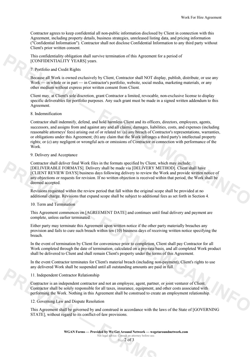 Work For Hire Agreement — page 2 preview covering Indemnification, Delivery and Acceptance, Term and Termination